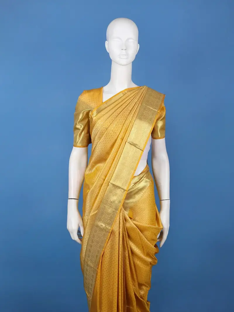 Yellow Floral Butta Woven Pure Kanchipuram Silk Saree With Zari Border 2