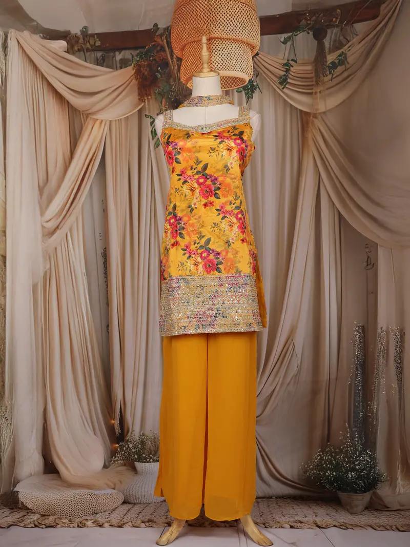 Yellow Floral Design Chiffon Palazzo Suit With Dupatta 1