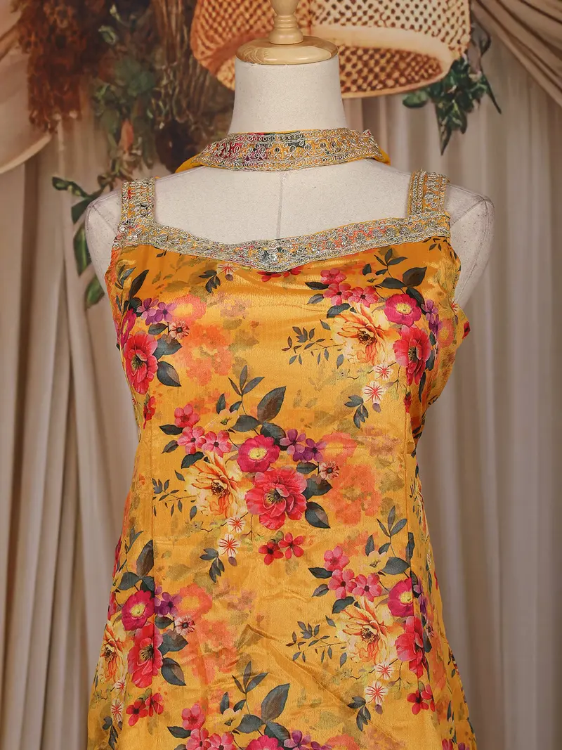 Yellow Floral Design Chiffon Palazzo Suit With Dupatta 2