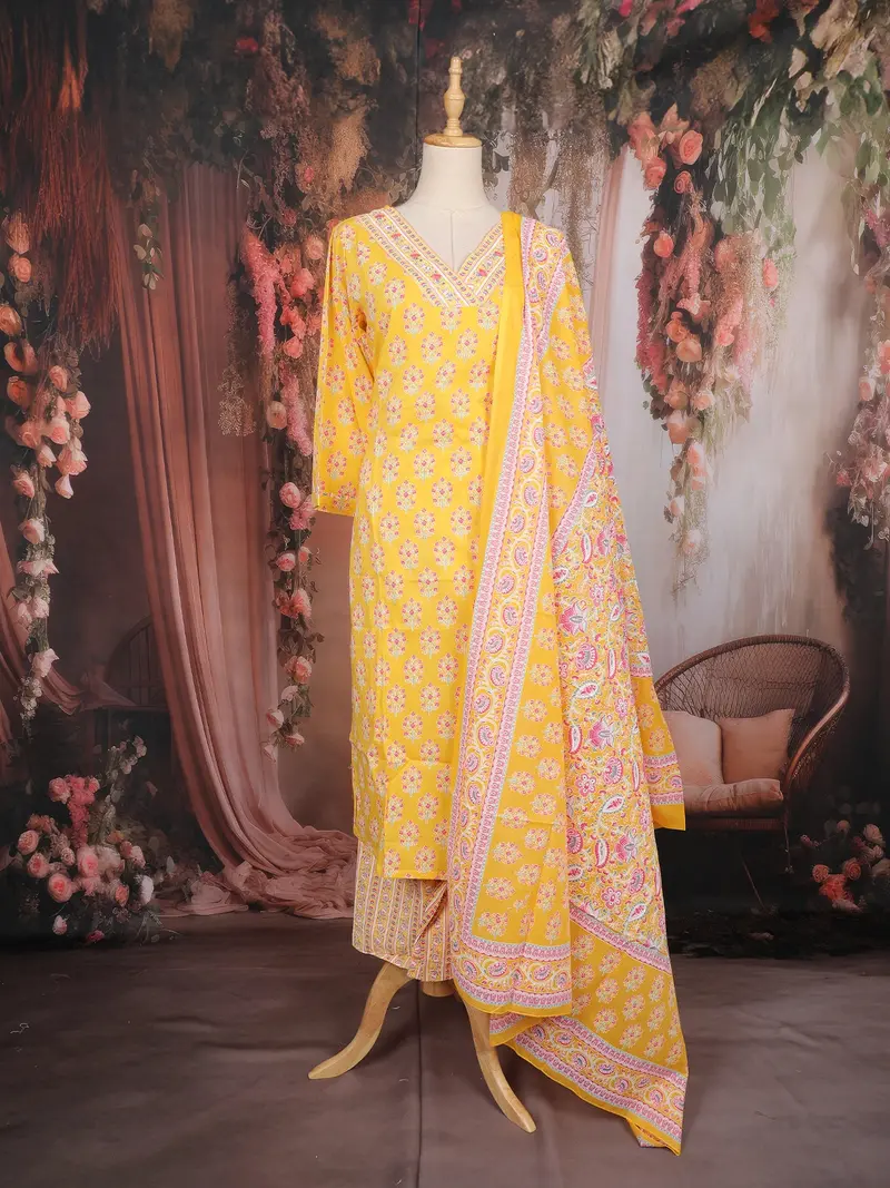 Yellow Floral Design Cotton Salwar With Dupatta 1