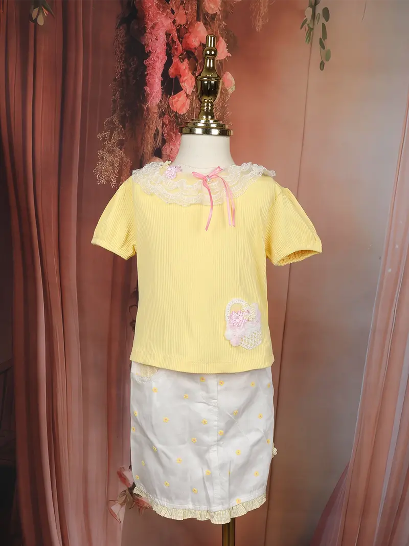 Yellow Floral Design Cotton Skirt And Top Set 1