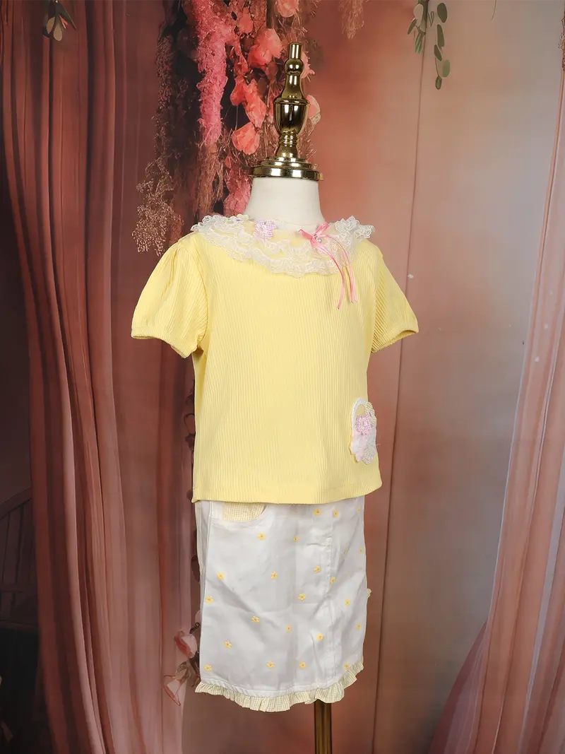 Yellow Floral Design Cotton Skirt And Top Set 4