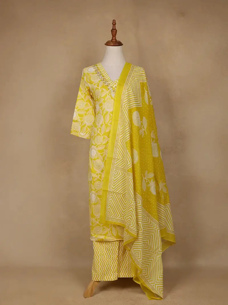 Yellow Floral Design Printed Cotton Salwar Suit 1