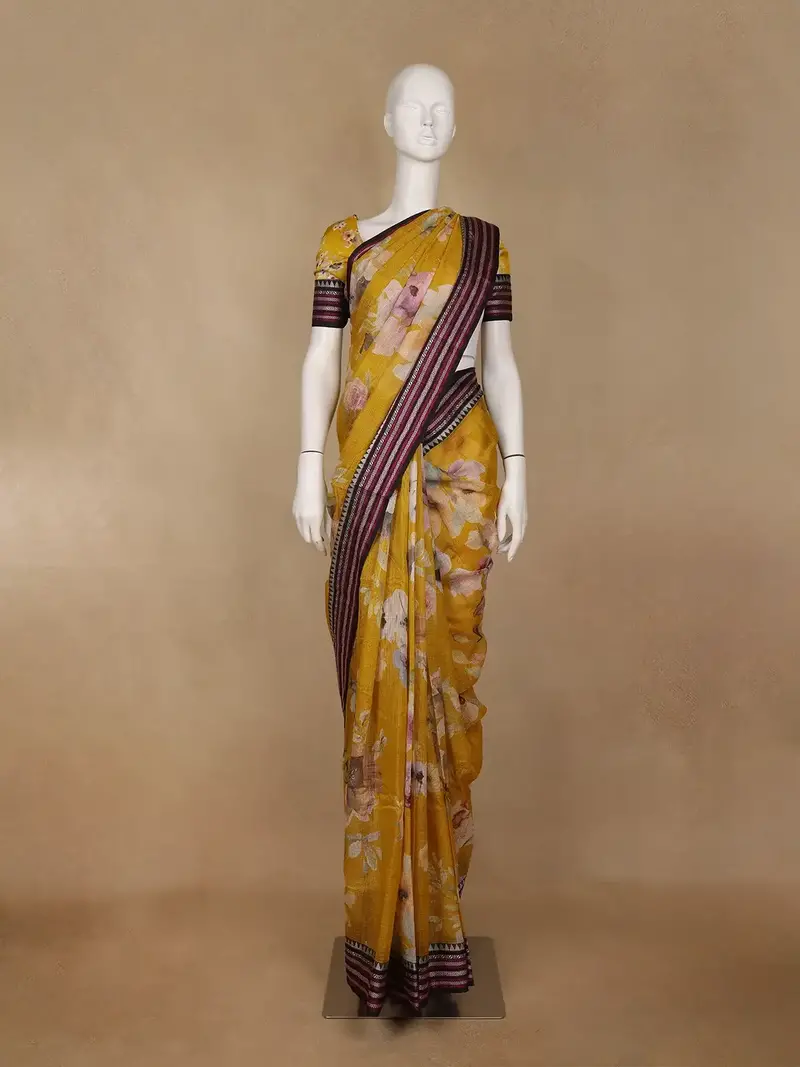 Yellow Floral Design Printed Kota Cotton Saree 1