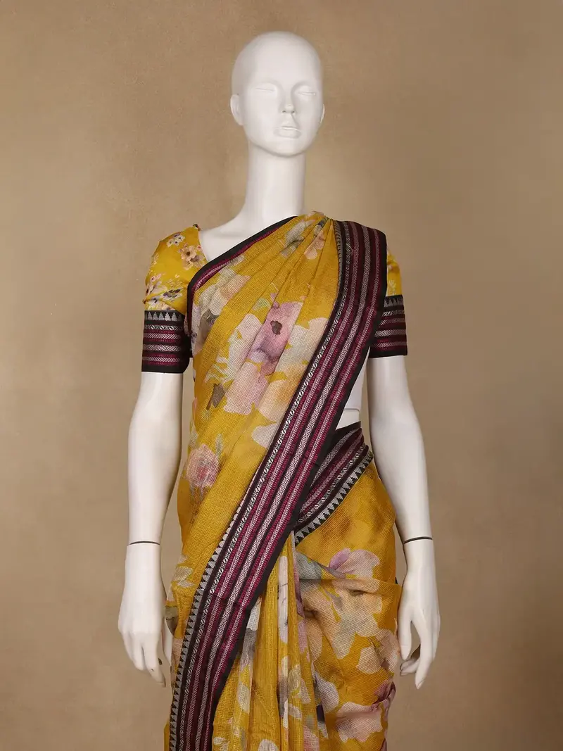 Yellow Floral Design Printed Kota Cotton Saree 2