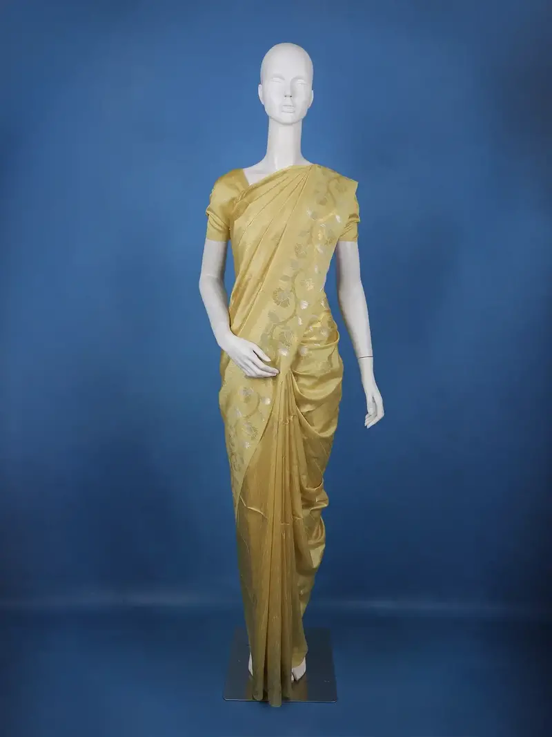 Yellow Floral Design Semi Tissue Saree 1