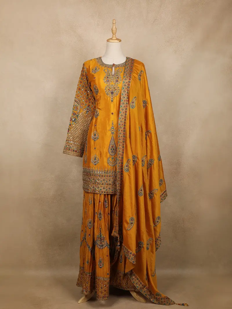 Yellow Floral Design Silk Palazzo Suit 1