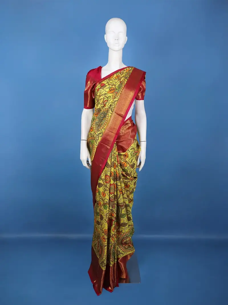 Yellow Floral Design Woven Pure Kanchipuram Silk Saree With Zari Border 1