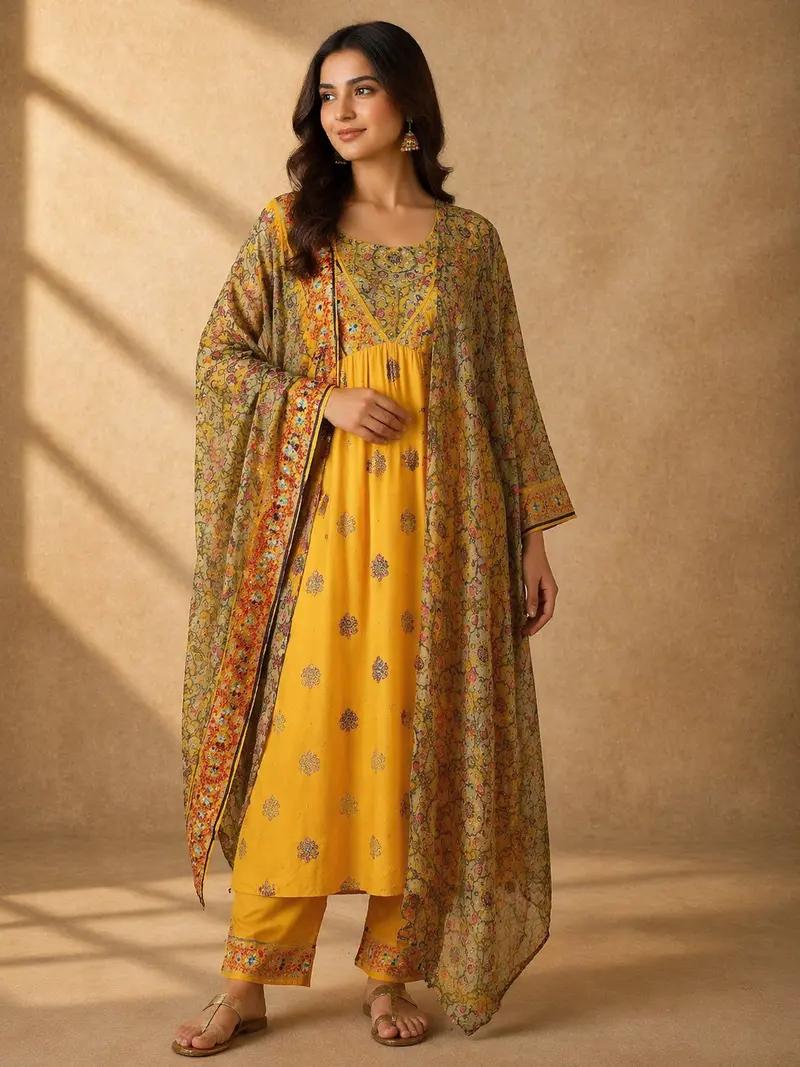 Yellow Floral Designed Cotton Rayon Anarkali Salwar Suit 1