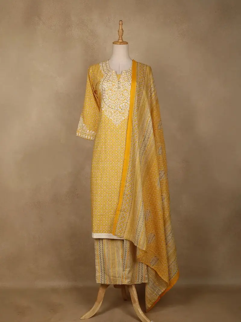 Yellow Floral Designed Cotton Straight Cut Salwar Suit 1