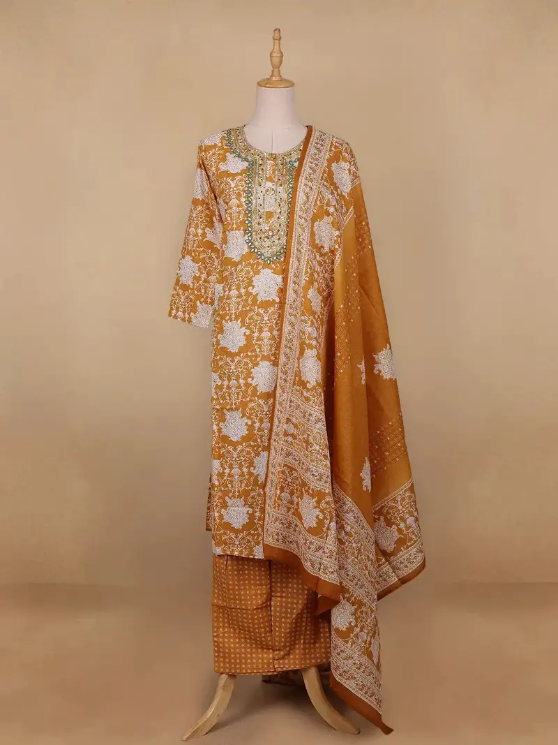 Yellow Floral Designed Cotton Straight Cut Salwar Suit 1