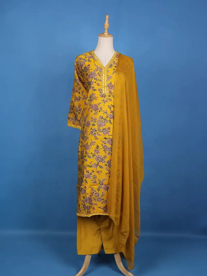 Yellow Floral Designed Raw Silk Salwar Suit 1