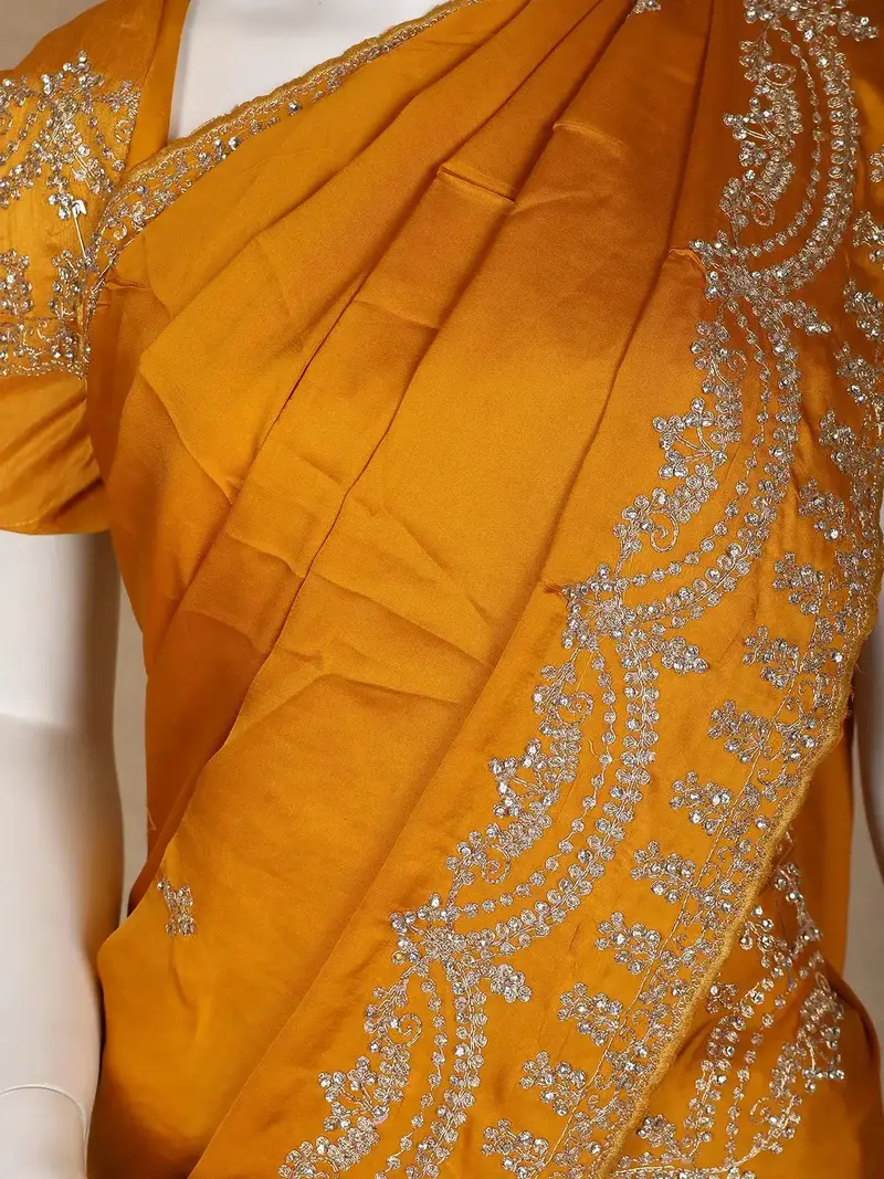 Yellow Floral Designed Satin Fancy Saree 2