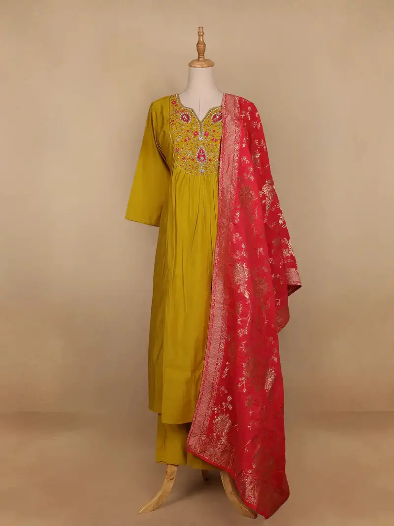 Yellow Floral Designed Semi Silk Salwar Suit 1