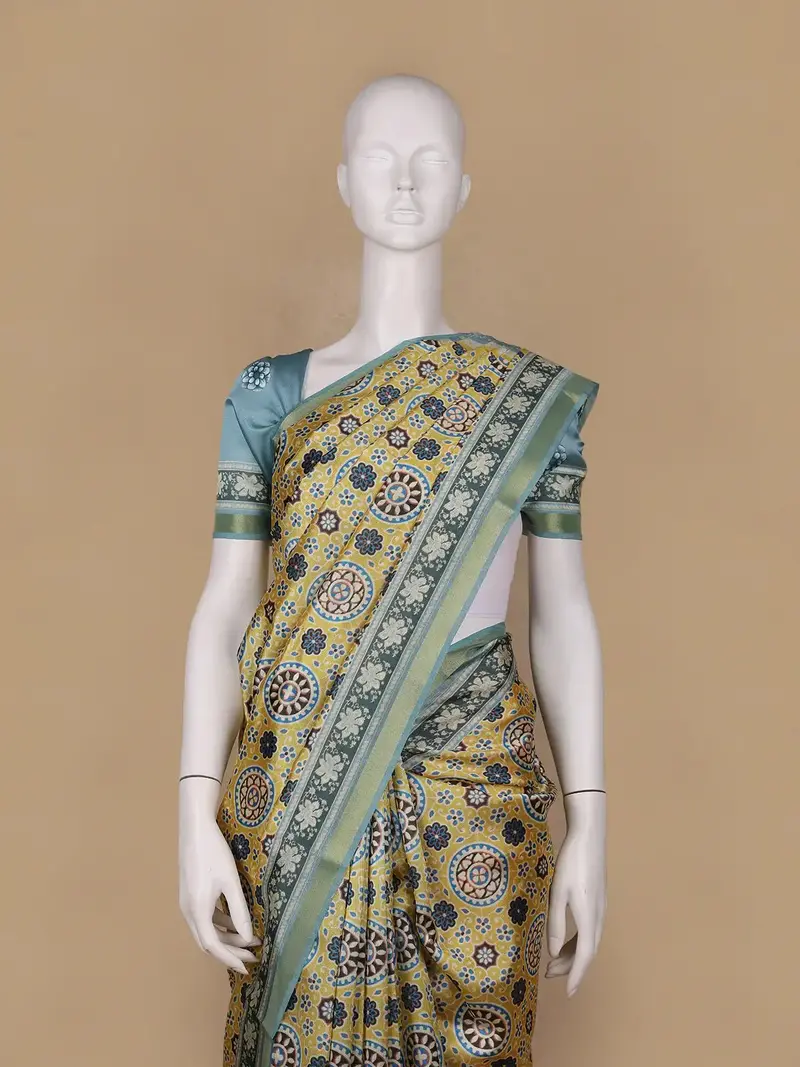 Yellow Floral Designed Semi Silk Saree 2