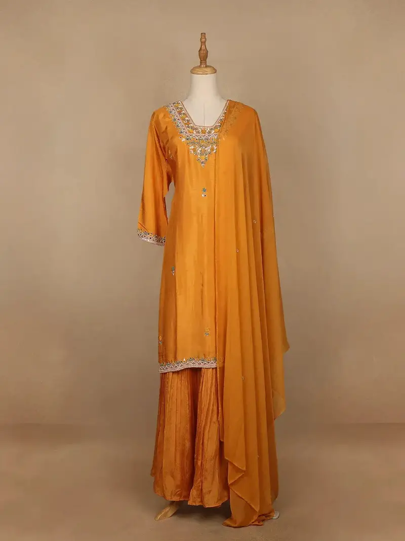 Yellow Floral Designed Semi Silk Sharara Salwar Suit 1