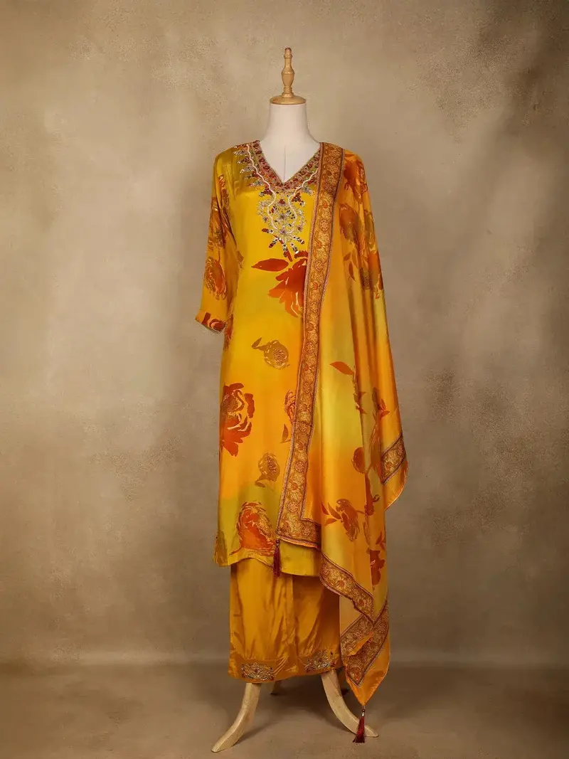 Yellow Floral Designed Semi Silk Straight Cut Salwar Suit 1