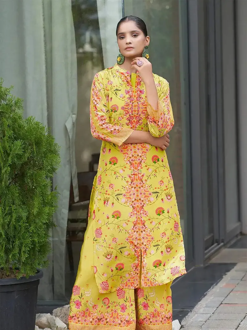 Yellow Floral Embroidered Crepe Palazzo Salwar Suit For Women 1