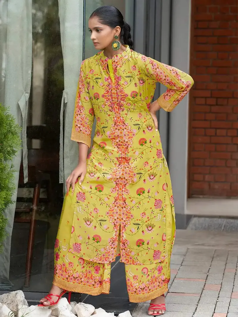 Yellow Floral Embroidered Crepe Palazzo Salwar Suit For Women 3
