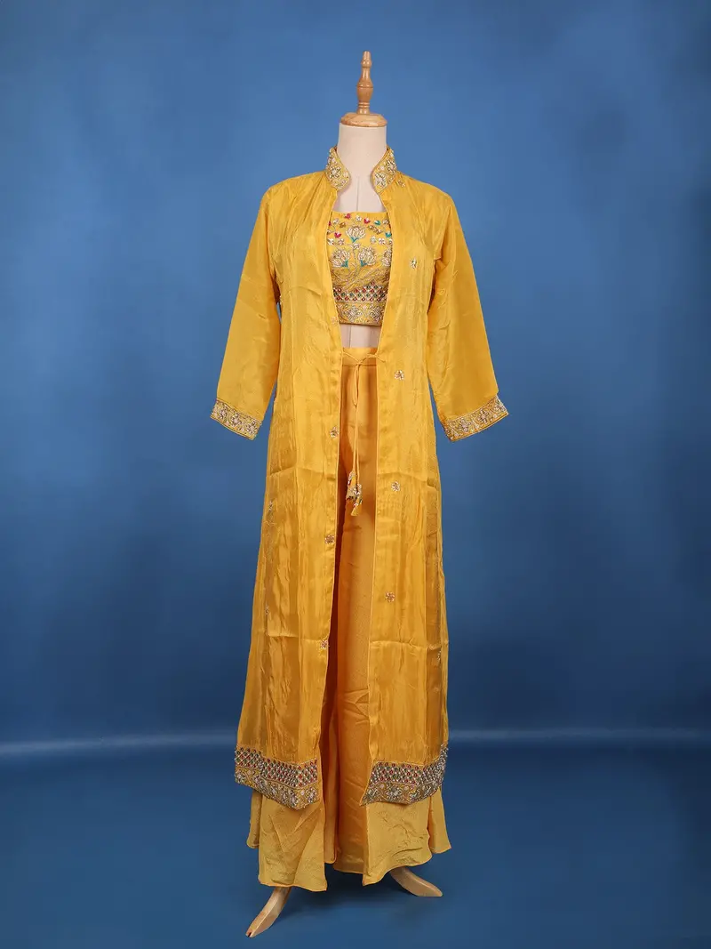 Yellow Floral Embroidered Design Georgette Palazzo Suit 1