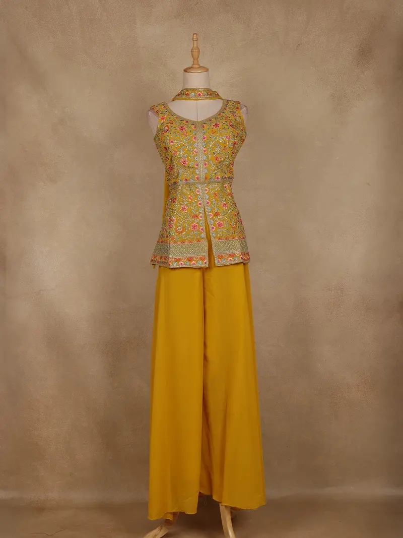 Yellow Floral Embroidered Georgette Palazzo Suit 1