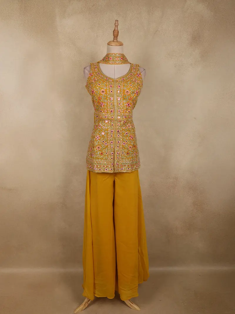 Yellow Floral Embroidered Georgette Palazzo Suit 1
