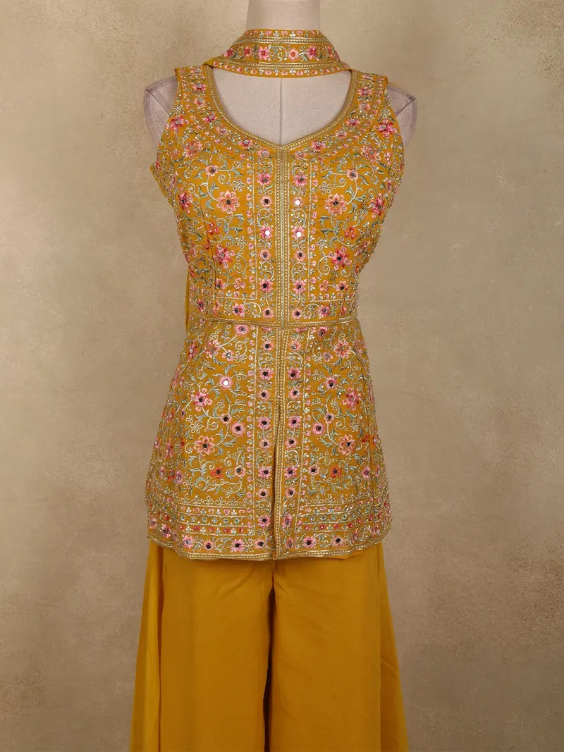 Yellow Floral Embroidered Georgette Palazzo Suit 2