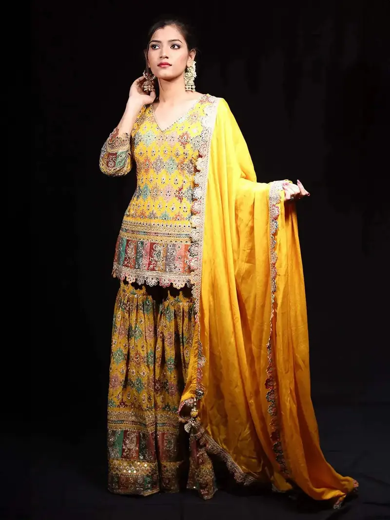 Yellow Floral Embroidered Georgette Sharara Salwar Suit 1