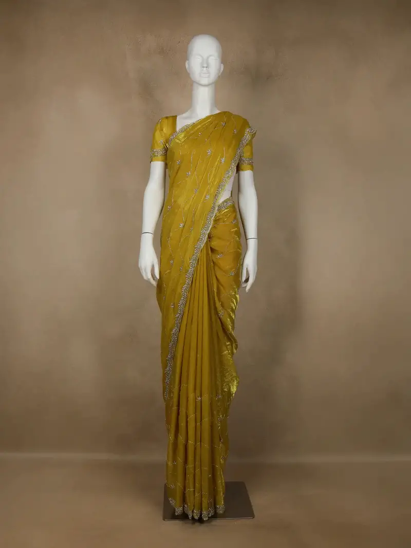 Yellow Floral Embroidered Organza Designer Saree 1