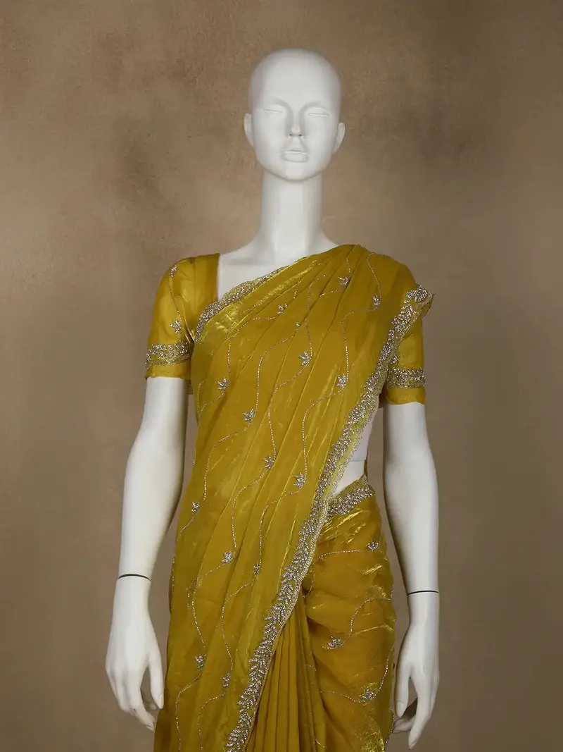 Yellow Floral Embroidered Organza Designer Saree 2