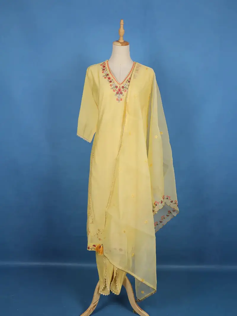 Yellow Floral Embroidered Silk Cotton Salwar Suit 1
