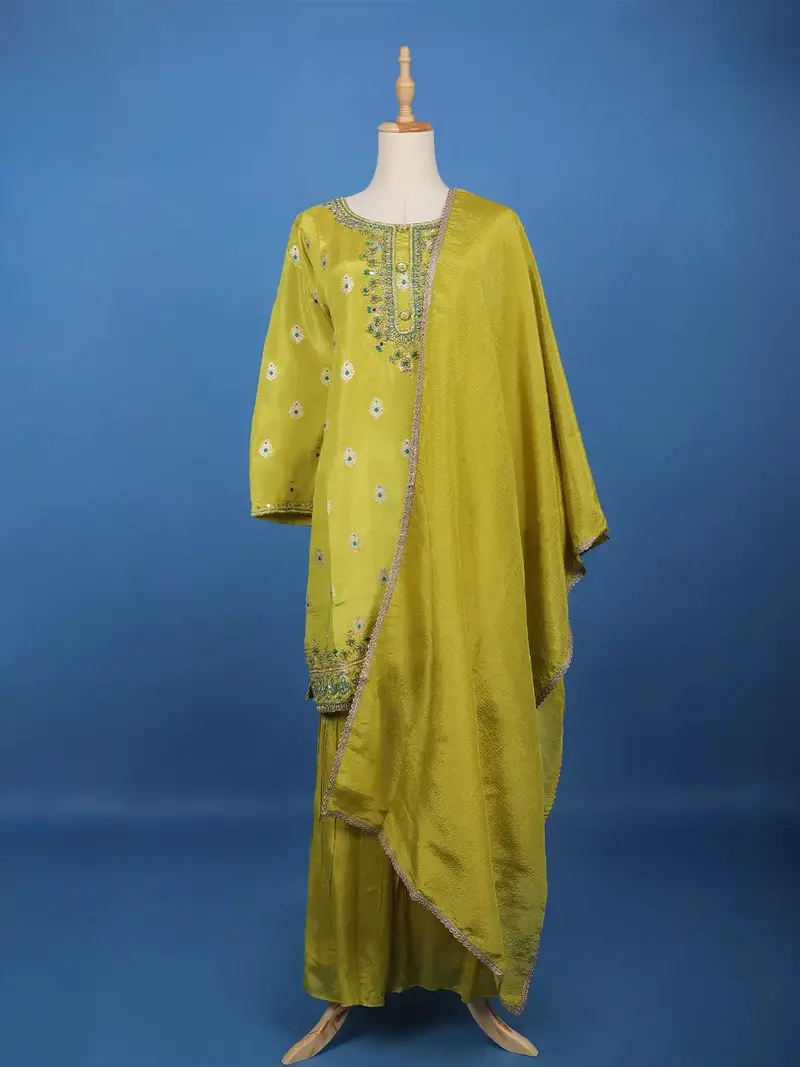 Yellow Floral Embroidered Silk Sharara Set 1