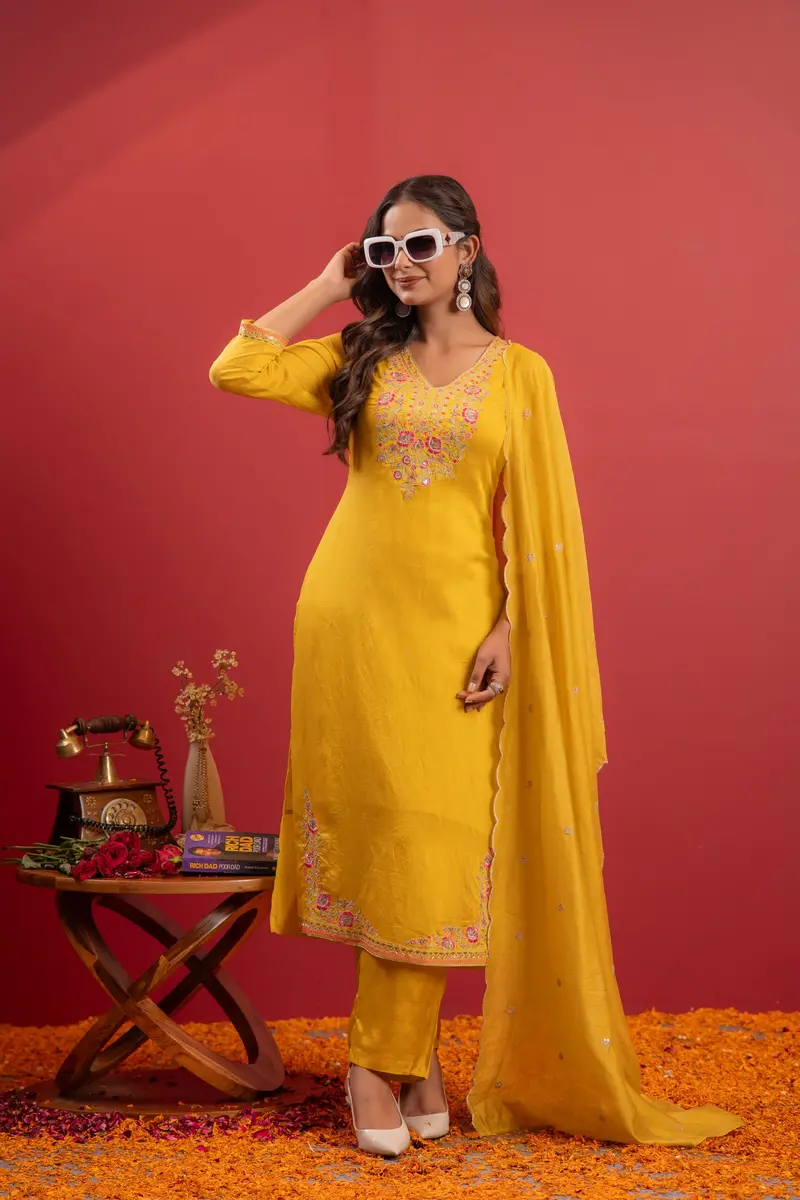 Yellow Floral Embroidered Straight Cut Cotton Salwar Suit With Dupatta 1