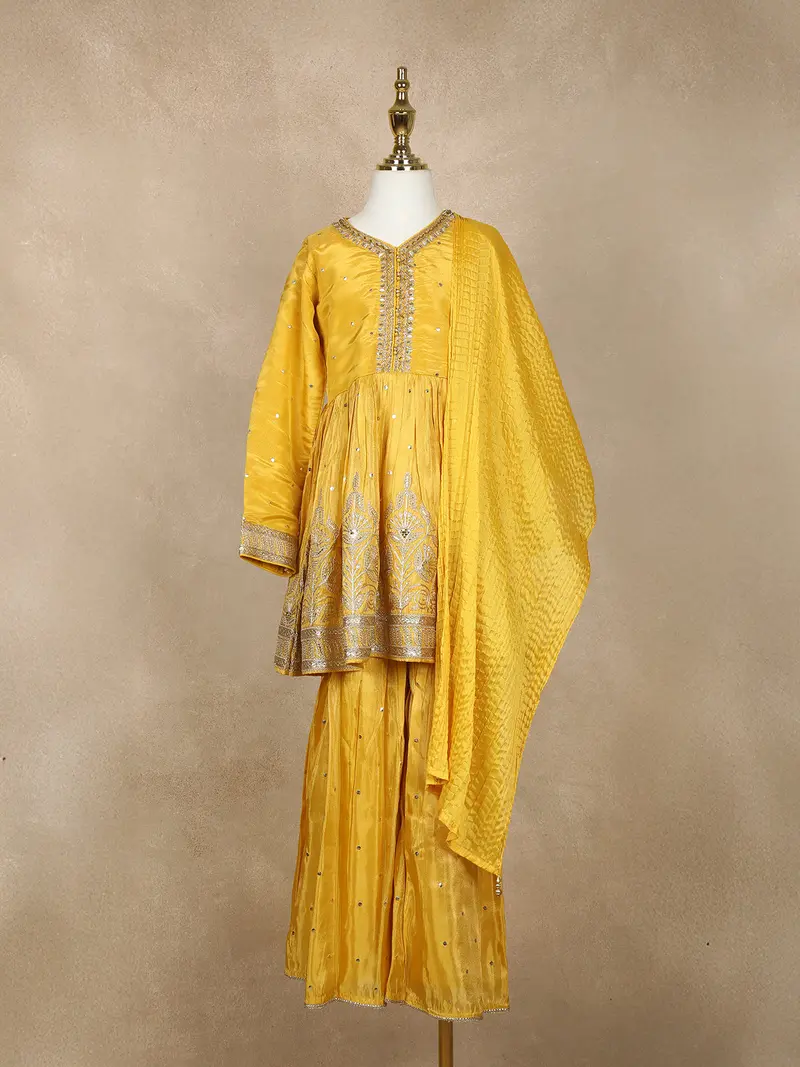 Yellow Floral Embroidered Tissue Silk Kids Sharara Suit With Dupatta 1
