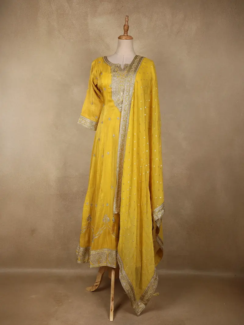 Yellow Floral Embroidered Tissue Silk Salwar Suit 1