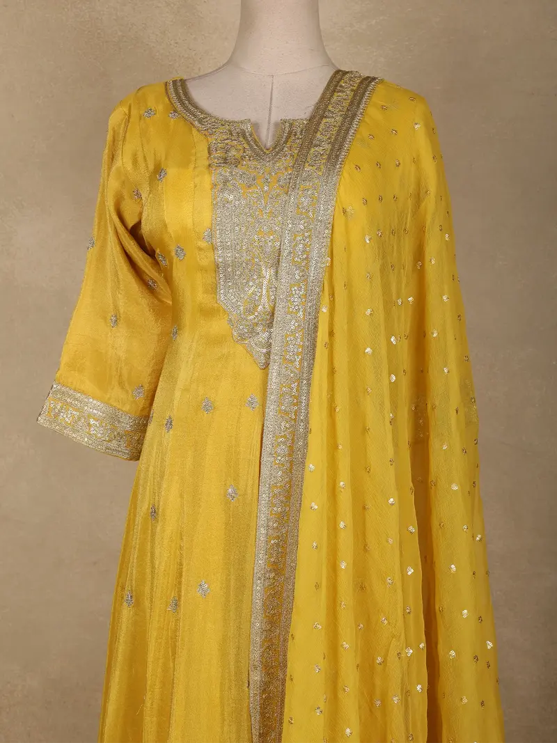 Yellow Floral Embroidered Tissue Silk Salwar Suit 2
