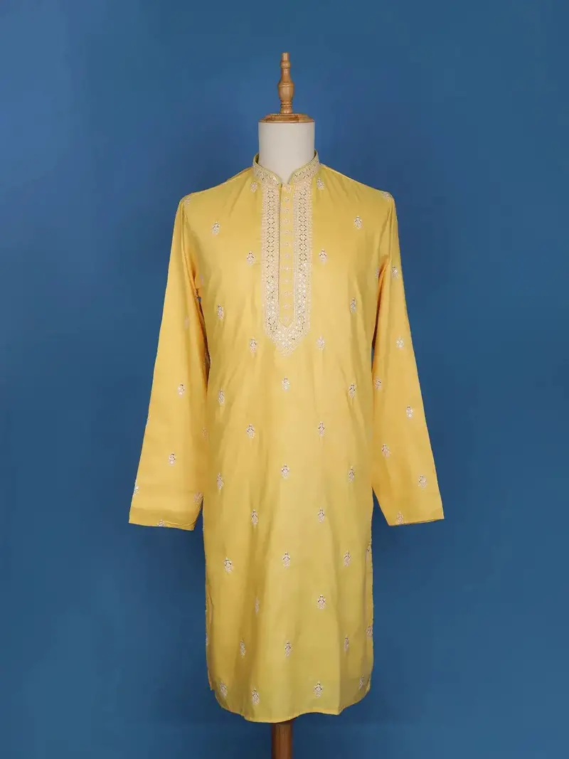 Yellow Floral Embroidery Cotton Kurta Set With Pant 1