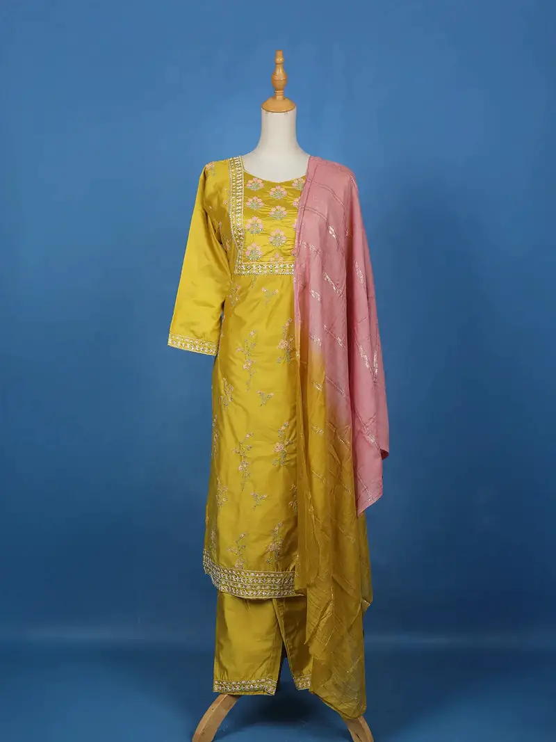Yellow Floral Embroidery Cotton Salwar Suit 1
