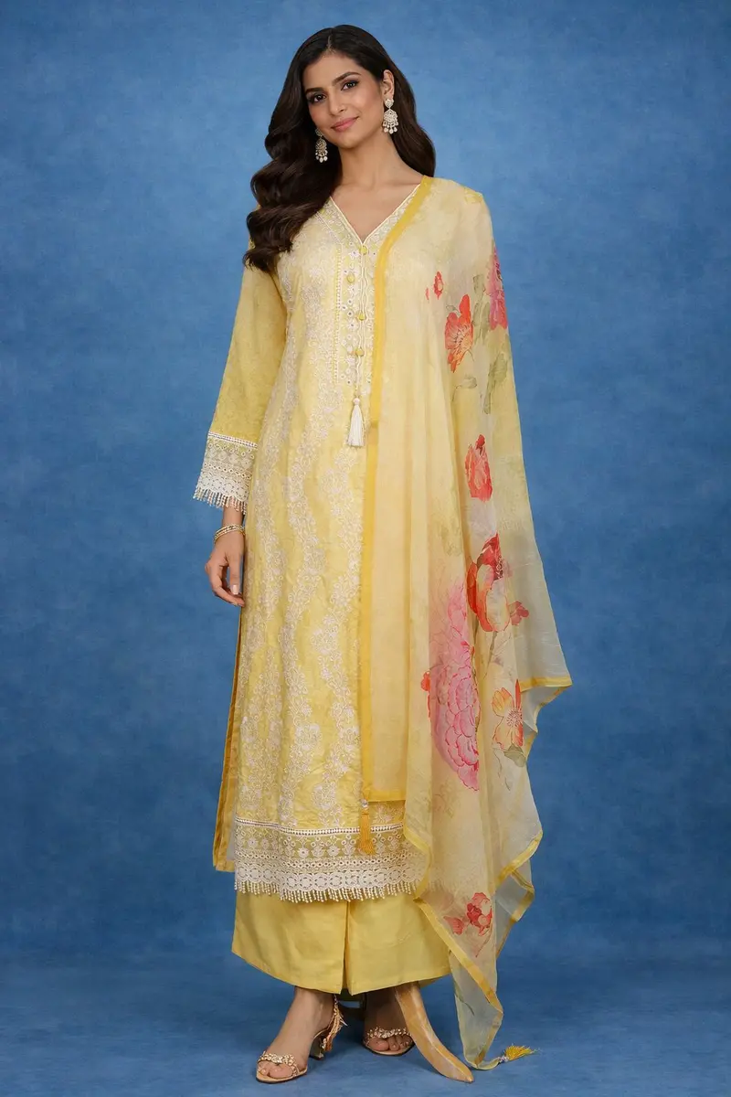 Yellow Floral Embroidery Cotton Salwar Suit 1