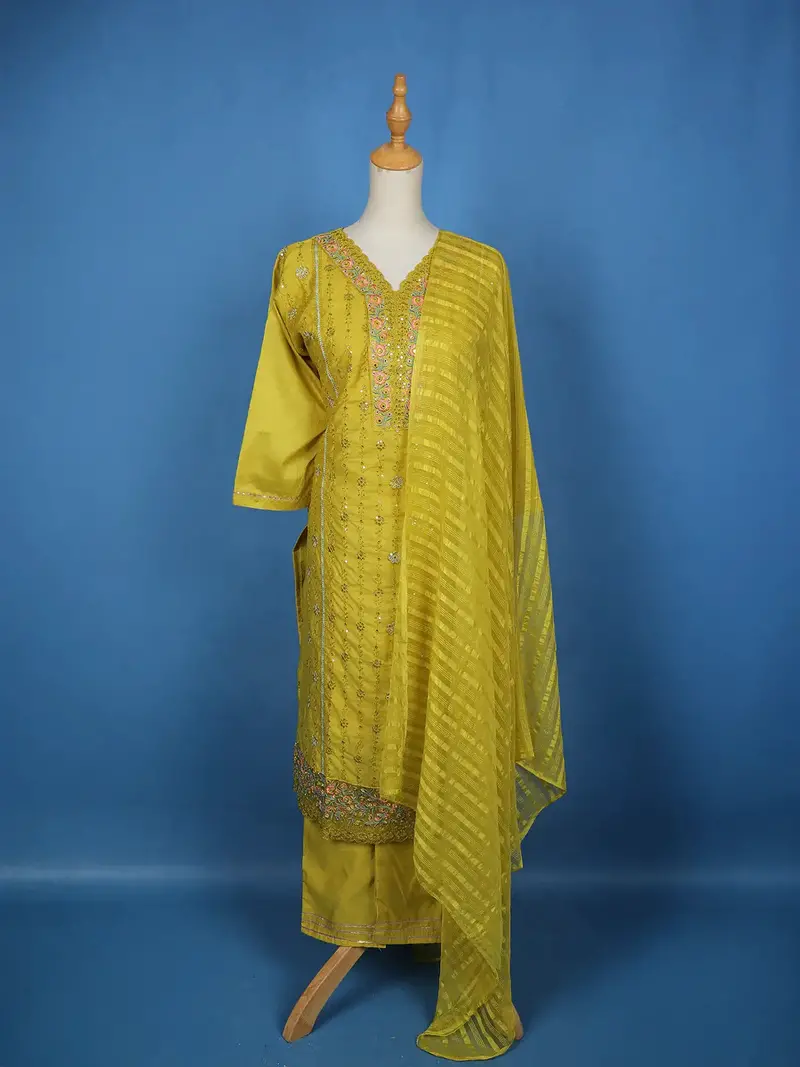 Yellow Floral Embroidery Cotton Salwar Suit 1