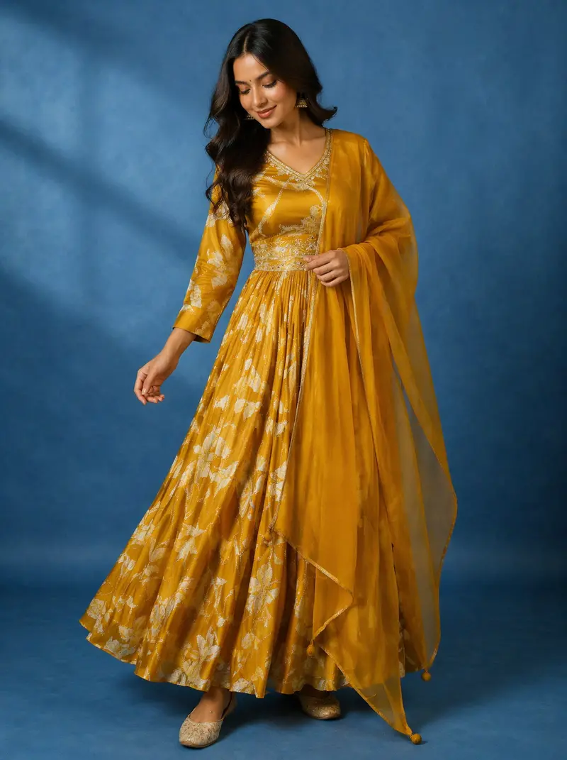 Yellow Floral Embroidery Crepe Gown 1
