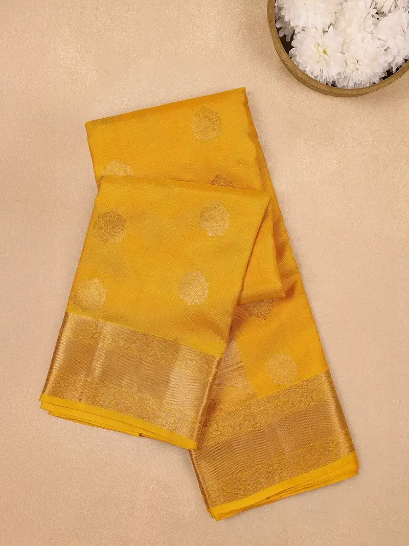 Yellow Floral Motifs Pure Kanchipuram Silk Saree 1