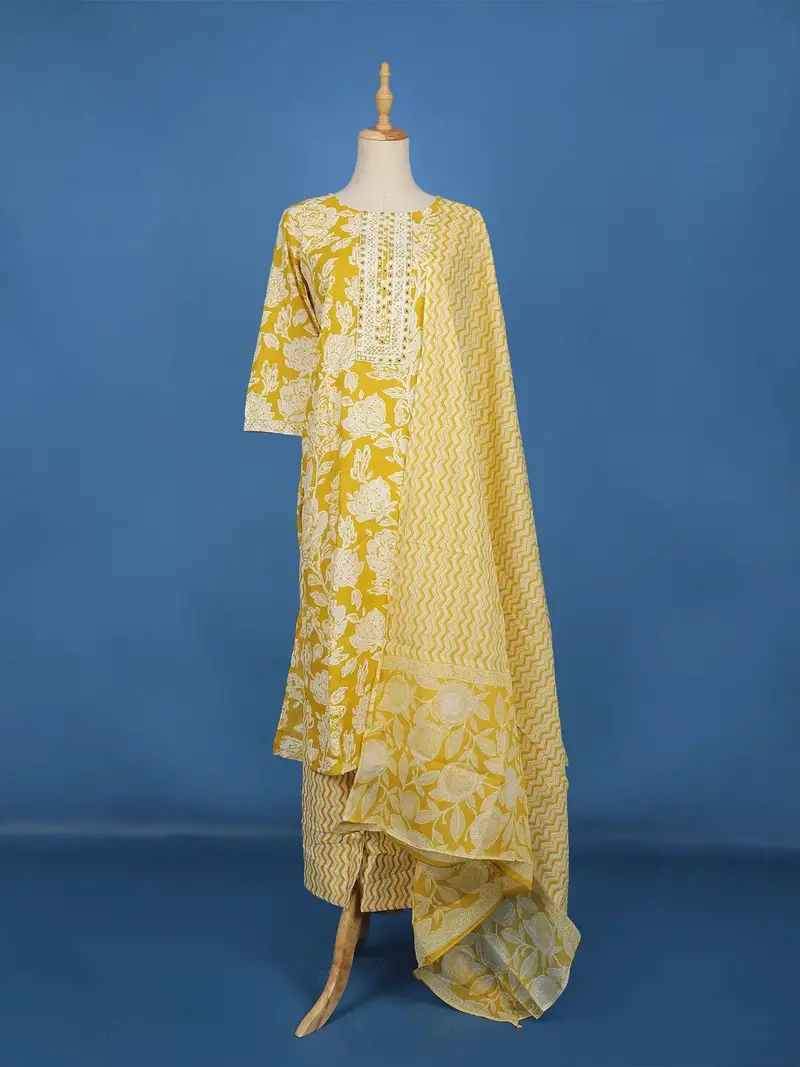 Yellow Floral Print Cotton Salwar Suit 1