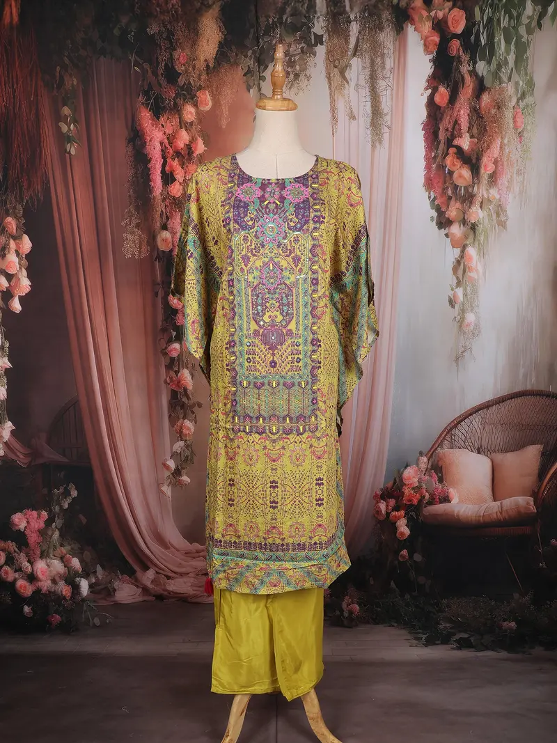 Yellow Floral Printed Cotton Kaftan Suit 1