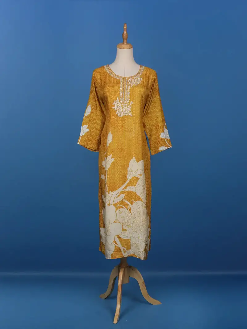 Yellow Floral Printed Cotton Kurti 1