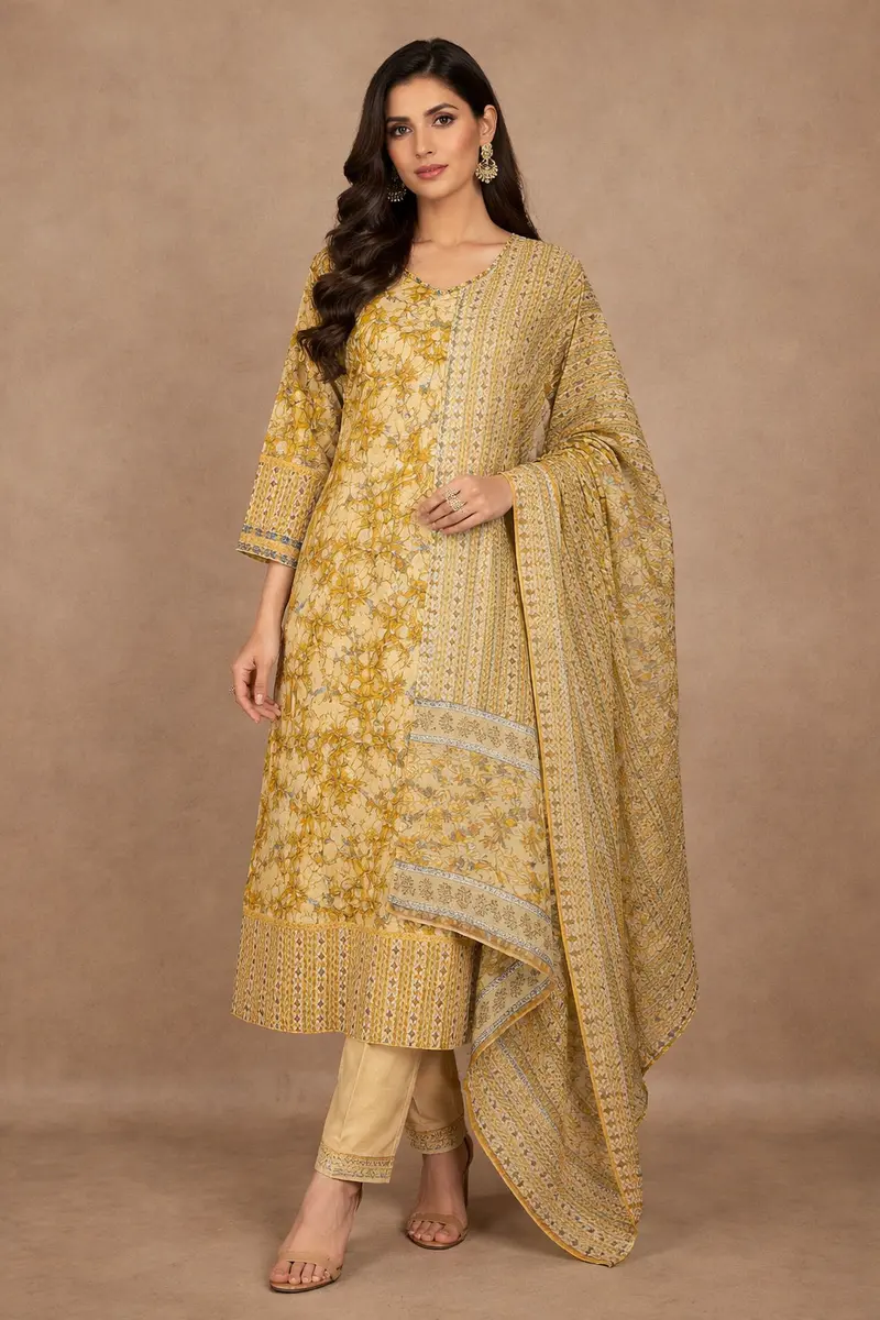Yellow Floral Printed Cotton Salwar Suit With Dupatta 1