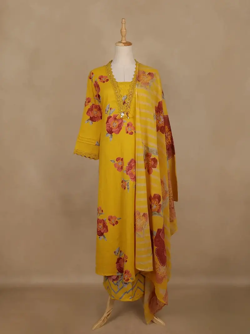 Yellow Floral Printed Cotton Salwar Suit With Dupatta 1
