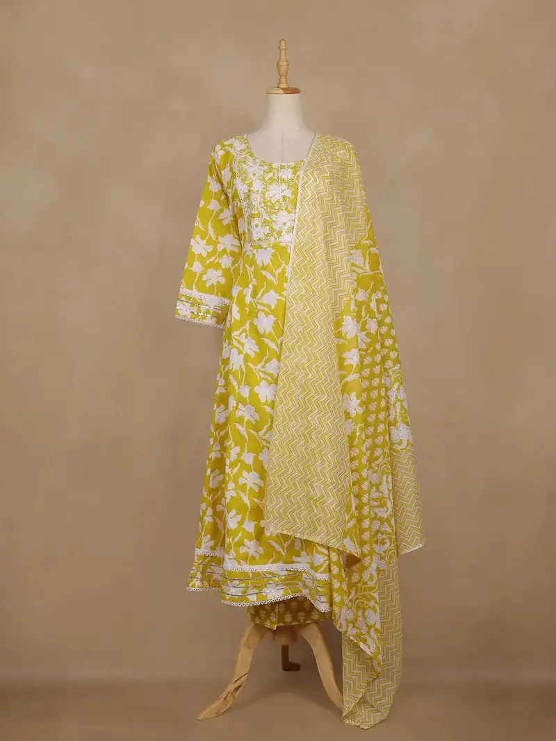 Yellow Floral Printed Cotton Salwar Suit With Dupatta 1