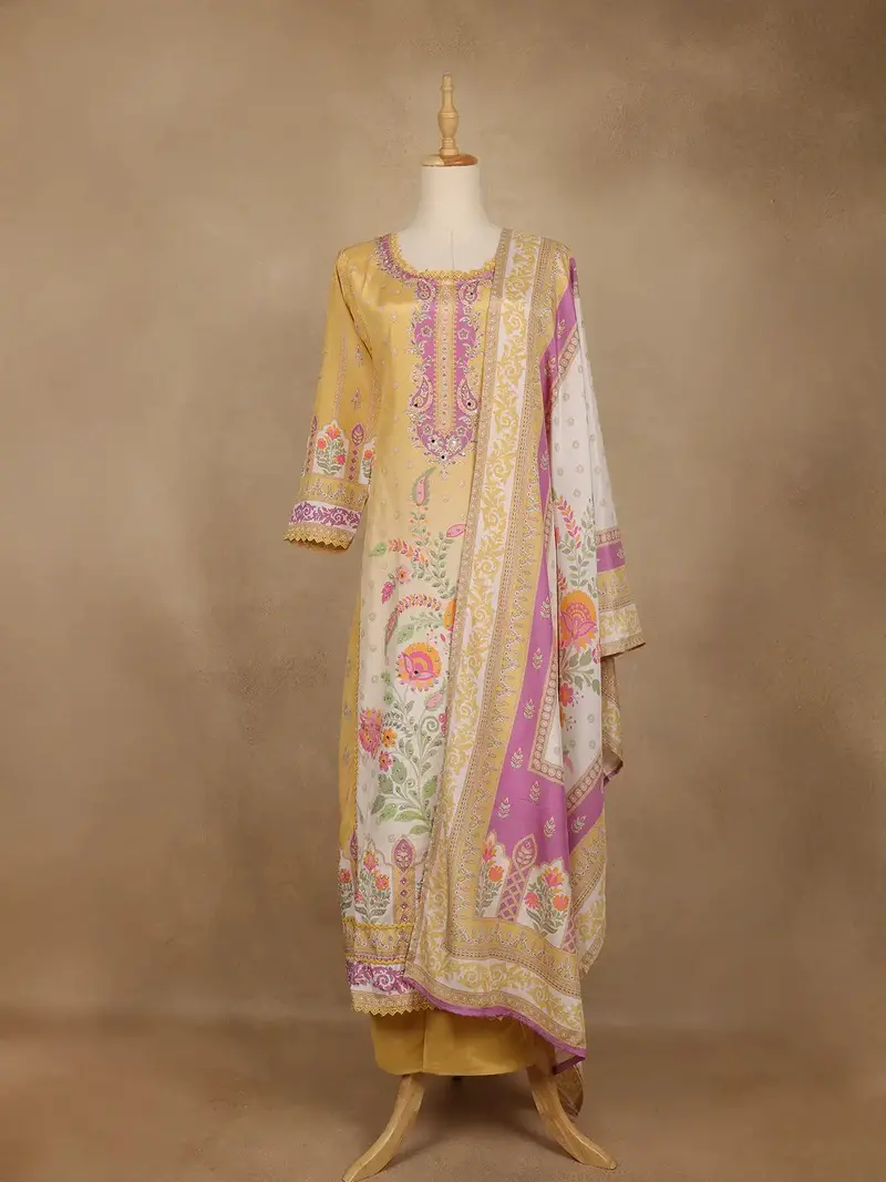 Yellow Floral Printed Cotton Salwar Suit With Dupatta 1
