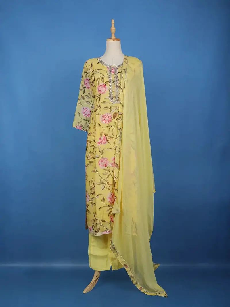 Yellow Floral Printed Cotton Salwar Suit With Dupatta 1